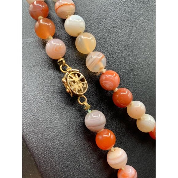 Striped Agate Necklace 14K Gold Hand Knotted Round Semi-Precious Stones Necklace - Picture 5 of 6